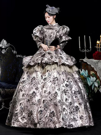 コーヒーブラウン レトロコスチューム フリル ポリエステル ジャカードドレス レディース レトロ マリー アントワネット コスチューム 仮面舞踏会 ボールガウン