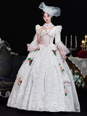 ホワイト レトロ コスチューム フリル ポリエステル 花柄 ヘッドウェア レディース レトロ マリー アントワネット コスチューム 仮面舞踏会 ドレス