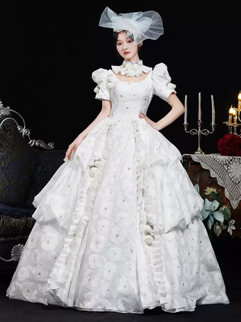 ホワイト ホワイトレトロコスチューム レディース 花柄 フリル ポリエステルドレス 帽子 レトロ マリーアントワネット コスチューム ヴィンテージ 衣類