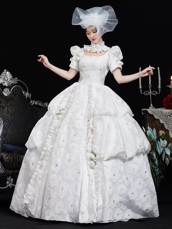 ホワイトレトロコスチューム レディース 花柄 フリル ポリエステルドレス 帽子 レトロ マリーアントワネット コスチューム ヴィンテージ 衣類