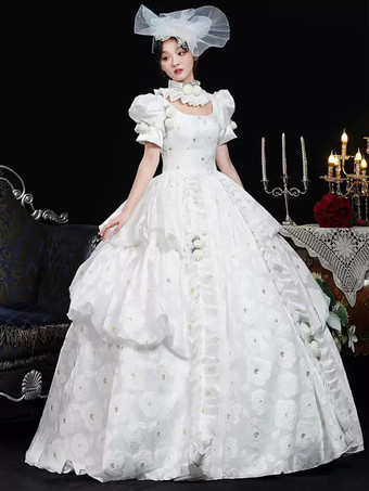 ホワイトレトロコスチューム レディース 花柄 フリル ポリエステルドレス 帽子 レトロ マリーアントワネット コスチューム ヴィンテージ 衣類