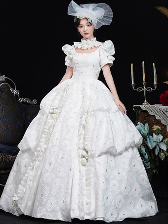 ホワイトレトロコスチューム レディース 花柄 フリル ポリエステルドレス 帽子 レトロ マリーアントワネット コスチューム ヴィンテージ 衣類