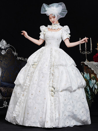 ホワイトレトロコスチューム レディース 花柄 フリル ポリエステルドレス 帽子 レトロ マリーアントワネット コスチューム ヴィンテージ 衣類