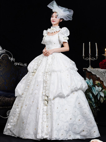 ホワイトレトロコスチューム レディース 花柄 フリル ポリエステルドレス 帽子 レトロ マリーアントワネット コスチューム ヴィンテージ 衣類