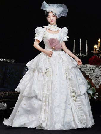 ホワイトレトロコスチューム レディース 花柄 フリル ポリエステルドレス 帽子 レトロ マリーアントワネット コスチューム ヴィンテージ 衣類