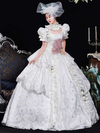 ホワイトレトロコスチューム レディース 花柄 フリル ポリエステルドレス 帽子 レトロ マリーアントワネット コスチューム ヴィンテージ 衣類