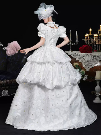 ホワイトレトロコスチューム レディース 花柄 フリル ポリエステルドレス 帽子 レトロ マリーアントワネット コスチューム ヴィンテージ 衣類