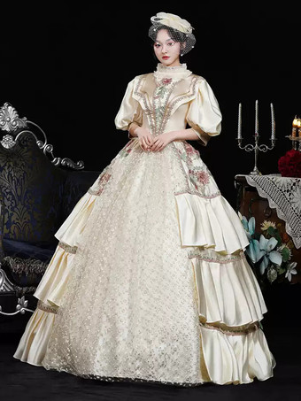 シャンパンカラーシャンパンレトロコスチュームフラワーポリエステル花柄マリーアントワネットコスチュームドレスレディースレトロヴィンテージ服