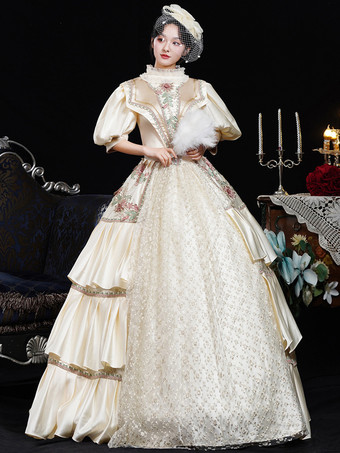 シャンパンレトロコスチュームフラワーポリエステル花柄マリーアントワネットコスチュームドレスレディースレトロヴィンテージ服