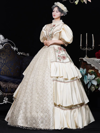 シャンパンレトロコスチュームフラワーポリエステル花柄マリーアントワネットコスチュームドレスレディースレトロヴィンテージ服