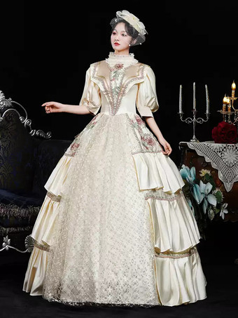 シャンパンレトロコスチュームフラワーポリエステル花柄マリーアントワネットコスチュームドレスレディースレトロヴィンテージ服