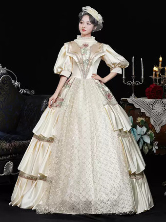シャンパンレトロコスチュームフラワーポリエステル花柄マリーアントワネットコスチュームドレスレディースレトロヴィンテージ服