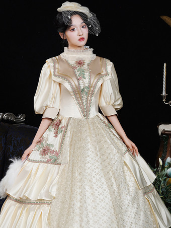 シャンパンレトロコスチュームフラワーポリエステル花柄マリーアントワネットコスチュームドレスレディースレトロヴィンテージ服