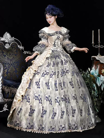 ブルー レトロ コスチューム レディース 花柄 フリル 花 ポリエステル マリー アントワネット コスチューム ドレス 帽子 レトロ ヴィンテージ 衣類