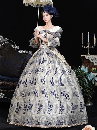 ブルー レトロ コスチューム レディース 花柄 フリル 花 ポリエステル マリー アントワネット コスチューム ドレス 帽子 レトロ ヴィンテージ 衣類