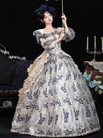ブルー レトロ コスチューム レディース 花柄 フリル 花 ポリエステル マリー アントワネット コスチューム ドレス 帽子 レトロ ヴィンテージ 衣類