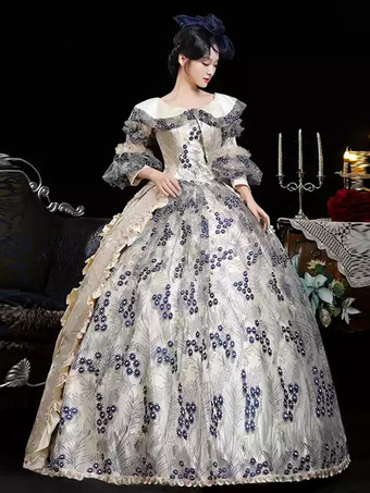 ブルー レトロ コスチューム レディース 花柄 フリル 花 ポリエステル マリー アントワネット コスチューム ドレス 帽子 レトロ ヴィンテージ 衣類