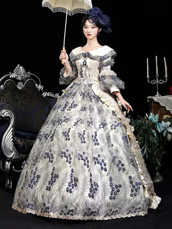 ブルー レトロ コスチューム レディース 花柄 フリル 花 ポリエステル マリー アントワネット コスチューム ドレス 帽子 レトロ ヴィンテージ 衣類