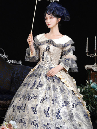 ブルー レトロ コスチューム レディース 花柄 フリル 花 ポリエステル マリー アントワネット コスチューム ドレス 帽子 レトロ ヴィンテージ 衣類