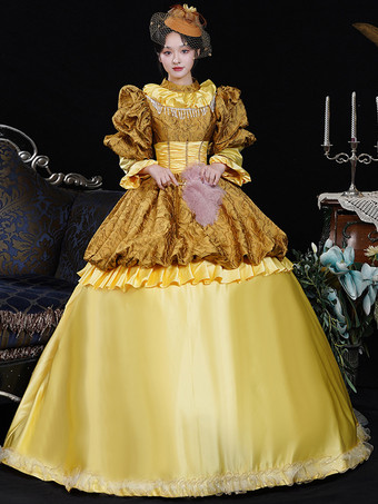 黄色のレトロコスチューム レディース フリル ポリエステル ドレス ヘッドウェア レトロ マリー アントワネット コスチューム 18 世紀 コスチューム