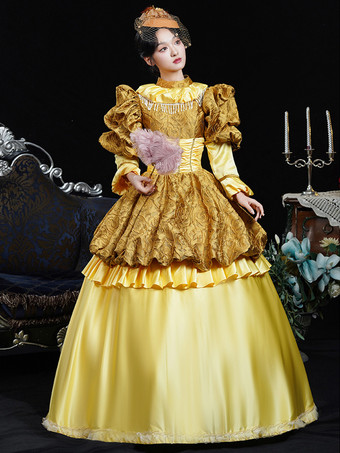 黄色のレトロコスチューム レディース フリル ポリエステル ドレス ヘッドウェア レトロ マリー アントワネット コスチューム 18 世紀 コスチューム