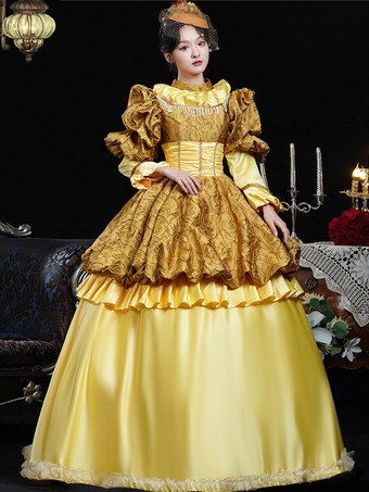 黄色のレトロコスチューム レディース フリル ポリエステル ドレス ヘッドウェア レトロ マリー アントワネット コスチューム 18 世紀 コスチューム