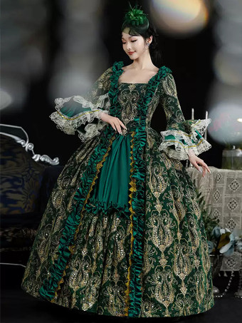 グリーン レトロ コスチューム レディース マリー アントワネット コスチューム レース フリル ポリエステル ドレス ヘッドウェア レトロ 18 世紀 コスチューム