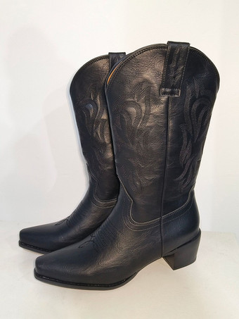 ブラック レディース ウエスタンブーツ 刺繍入り ポインテッドトゥ ミッドカーフブーツ