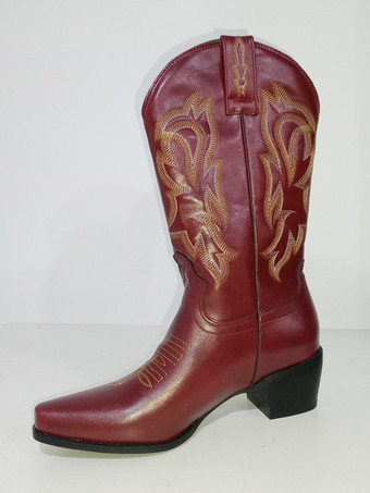 マルーンレディース ウエスタンブーツ 刺繍入り ポインテッドトゥ ミッドカーフブーツ