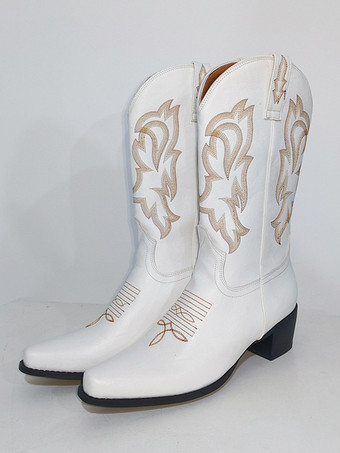 ホワイト レディース ウエスタンブーツ 刺繍入り ポインテッドトゥ ミッドカーフブーツ