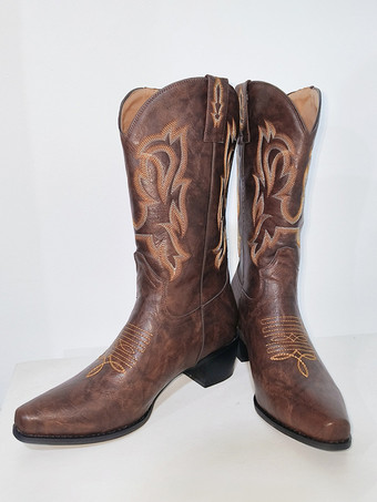 ブラウンレディース ウエスタンブーツ 刺繍入り ポインテッドトゥ ミッドカーフブーツ