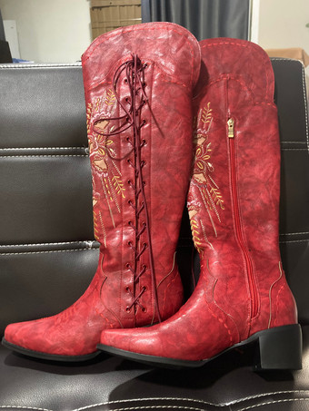 レッド レディース オーバーニー ウエスタンブーツ コーヒーブラウン 刺繍入り ポインテッドトゥ レースアップ サイハイブーツ