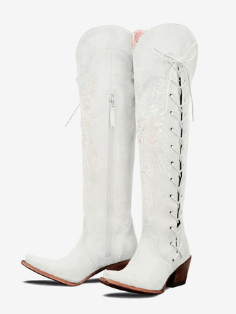 ホワイト レディース オーバーニー ウエスタンブーツ コーヒーブラウン 刺繍入り ポインテッドトゥ レースアップ サイハイブーツ