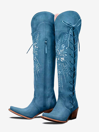ライトスカイブルーレディース オーバーニー ウエスタンブーツ コーヒーブラウン 刺繍入り ポインテッドトゥ レースアップ サイハイブーツ