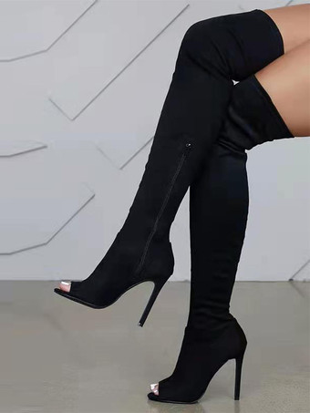 noir Bottes au-dessus du genou à bout ouvert en micro-daim marron café bottes cuissardes à talons hauts