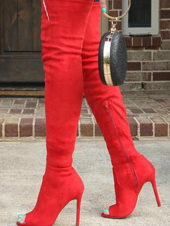 rouge Bottes au-dessus du genou à bout ouvert en micro-daim marron café bottes cuissardes à talons hauts