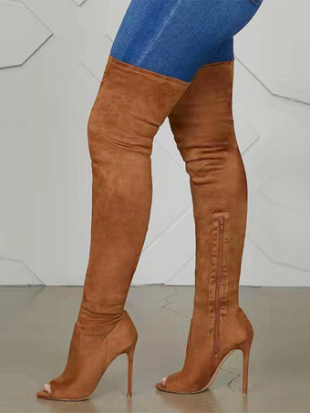 MarronBottes au-dessus du genou à bout ouvert en micro-daim marron café bottes cuissardes à talons hauts