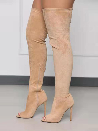 kaki Bottes au-dessus du genou à bout ouvert en micro-daim marron café bottes cuissardes à talons hauts