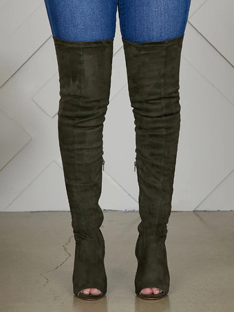 vert forêt foncéBottes au-dessus du genou à bout ouvert en micro-daim marron café bottes cuissardes à talons hauts