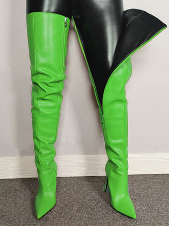 グリーン オーバーニーブーツ レディース ポインテッドトゥ ジップアップ セクシー スティレットヒール サイハイブーツ