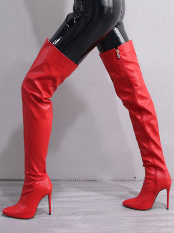 レッド オーバーニーブーツ レディース ポインテッドトゥ ジップアップ セクシー スティレットヒール サイハイブーツ