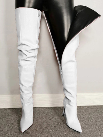 ホワイト オーバーニーブーツ レディース ポインテッドトゥ ジップアップ セクシー スティレットヒール サイハイブーツ