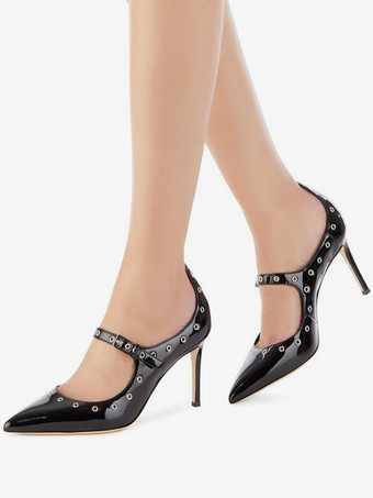 レディース ブラック パンプス ポインテッドトゥ スティレットヒール ストラップパンプス