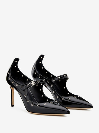 レディース ブラック パンプス ポインテッドトゥ スティレットヒール ストラップパンプス