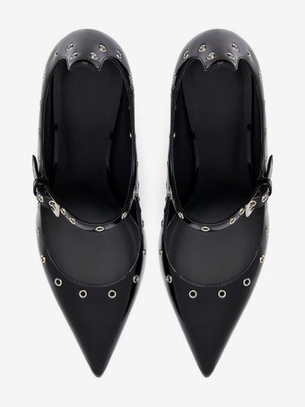 レディース ブラック パンプス ポインテッドトゥ スティレットヒール ストラップパンプス