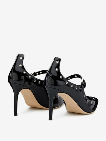 レディース ブラック パンプス ポインテッドトゥ スティレットヒール ストラップパンプス