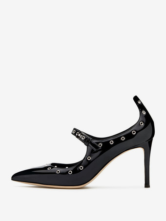 ブラック レディース ブラック パンプス ポインテッドトゥ スティレットヒール ストラップパンプス