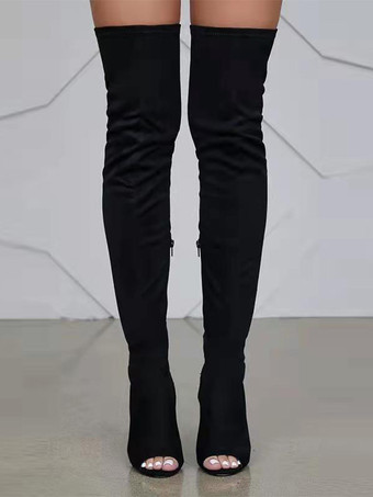 Bottes au-dessus du genou à bout ouvert en micro-daim marron café bottes cuissardes à talons hauts