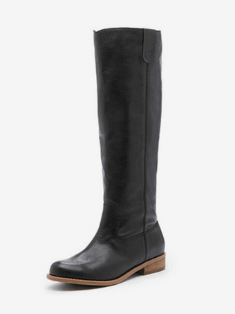 Nero Stivali alti fino al ginocchio neri Stivali piatti con punta tonda da donna