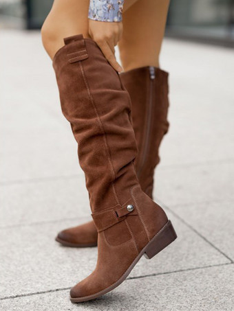 ブラウン レディースニーハイブーツ スエードチャンキーヒール スラウチブーツ